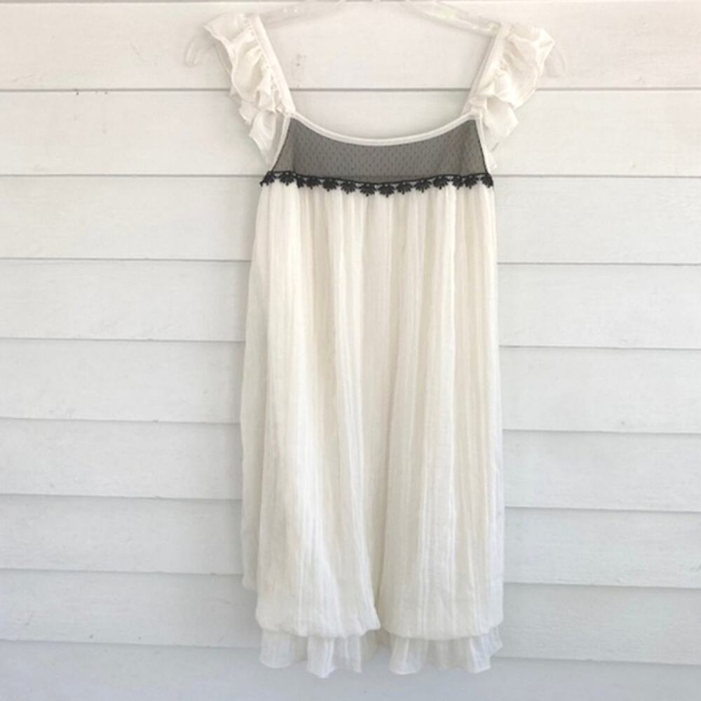 Olsenboye White Ruffled Chiffon Black Lace Detail Sleeveless Tunic Blouse Mini M